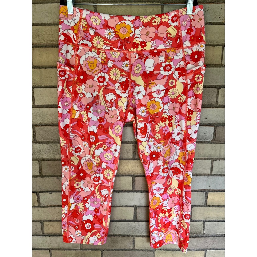 Avia Red Pink Orange Floral Print Cropped Leggings Pockets Size XXL 20